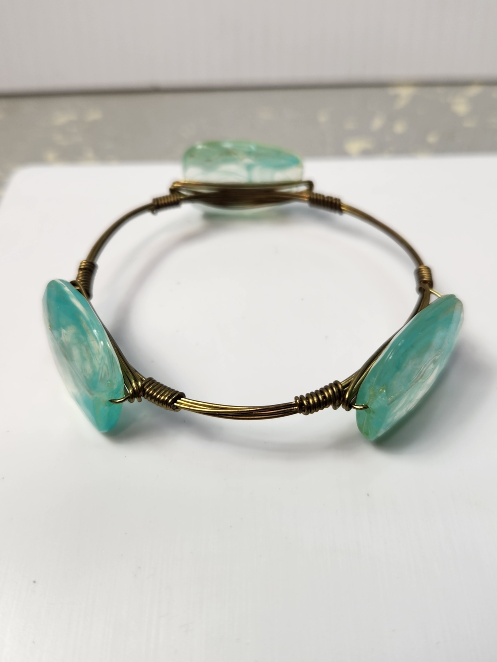Handmade Boho Wire Wrapped Aqua Sea Glass Bead Bracelet Bronze Cuff Bangle
